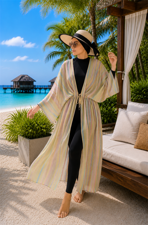 Striped Adjustable Waist Long Pareo Yellow