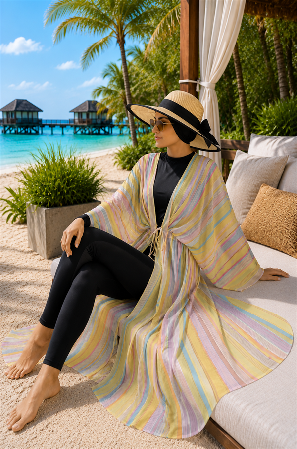 Striped Adjustable Waist Long Pareo Yellow