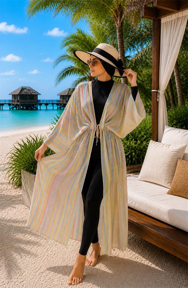 Striped Adjustable Waist Long Pareo Yellow