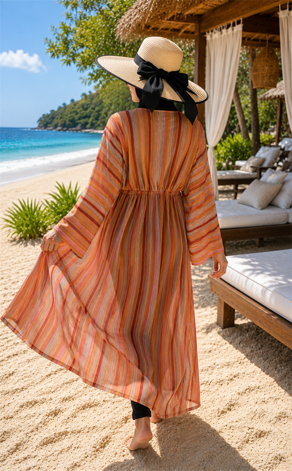 Striped Adjustable Waist Long Pareo Salmon