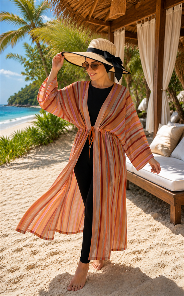 Striped Adjustable Waist Long Pareo Salmon