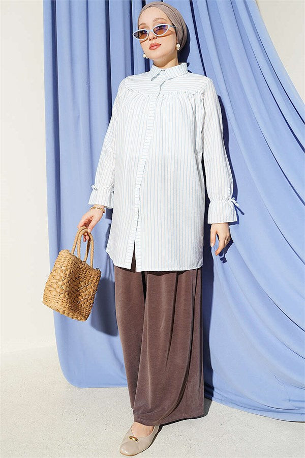 Striped Shirt with Elasticated Cuffs, Ice Blue