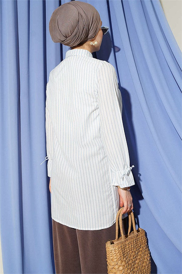 Striped Shirt with Elasticated Cuffs, Ice Blue