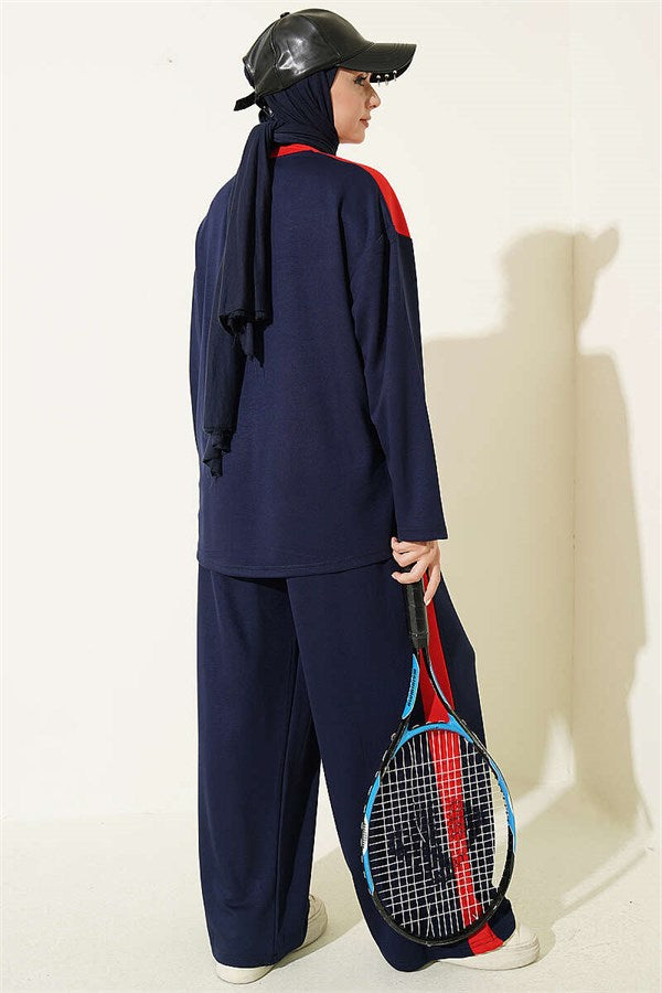Striped Crew Neck 2 Piece Set with Trim, Navy Blue