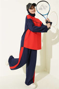 Striped Crew Neck 2 Piece Set with Trim, Navy Blue