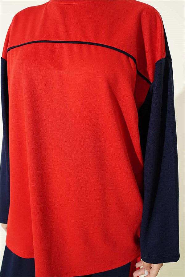 Striped Crew Neck 2 Piece Set with Trim, Navy Blue