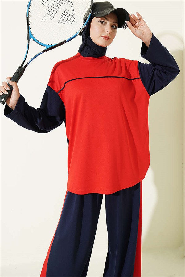 Striped Crew Neck 2 Piece Set with Trim, Navy Blue