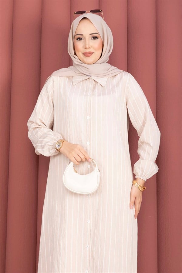 Striped Button-Down Shirt Tunic, Beige