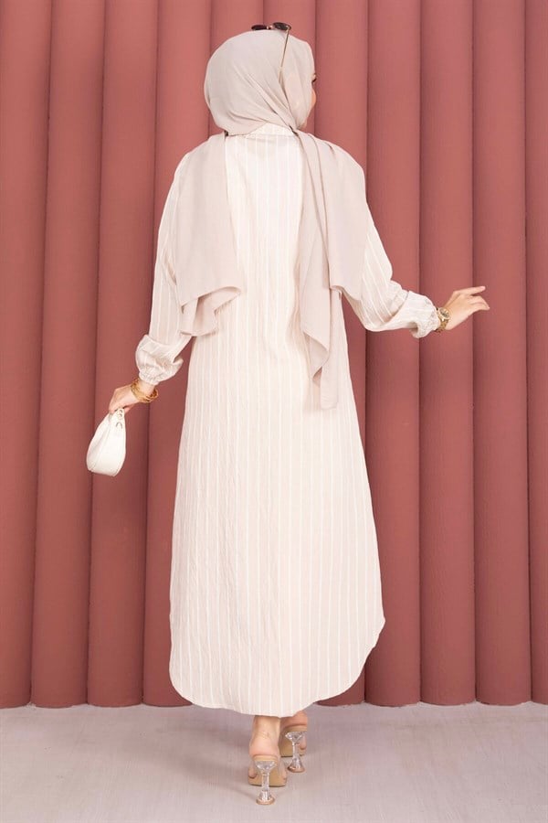 Striped Button-Down Shirt Tunic, Beige