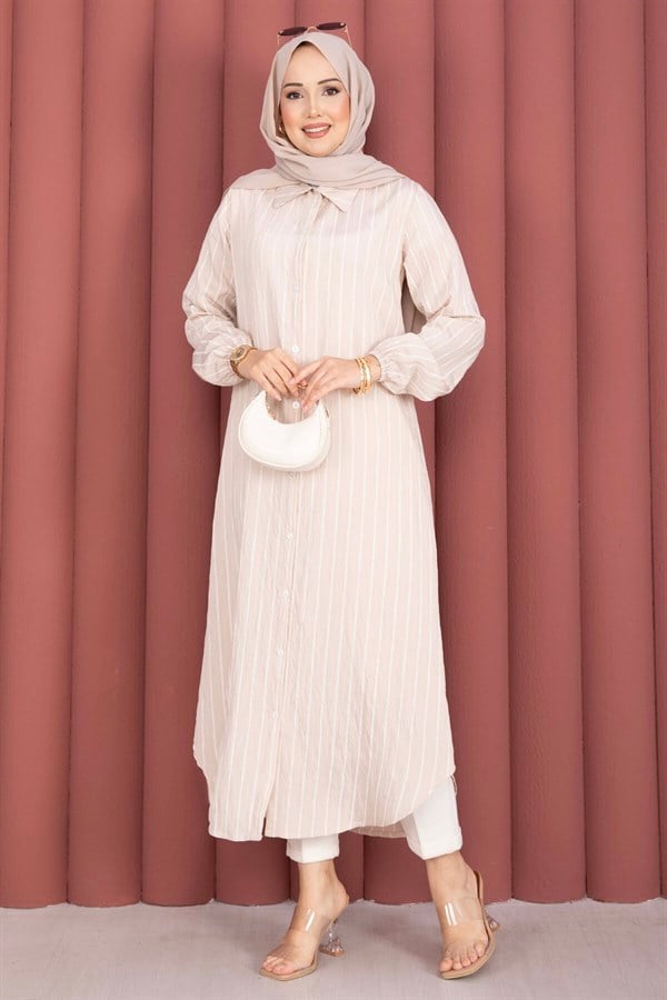 Striped Button-Down Shirt Tunic, Beige