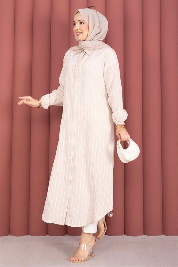 Striped Button-Down Shirt Tunic, Beige