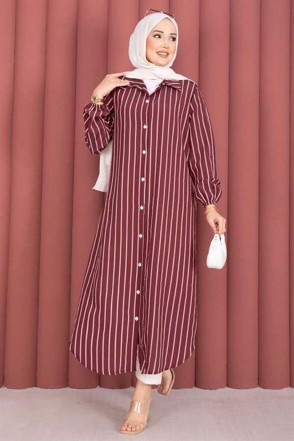 Striped Button-Down Shirt Tunic, Burgundy