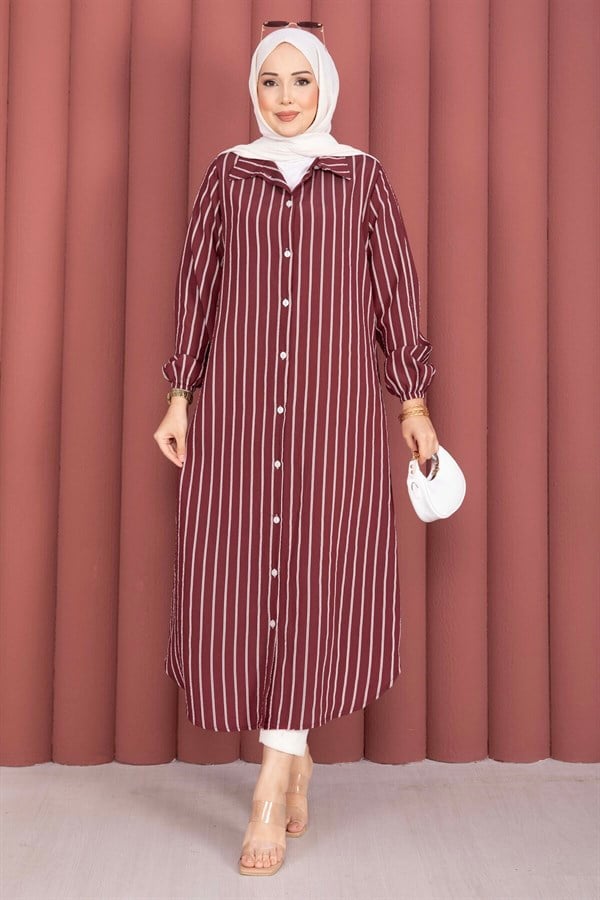 Striped Button-Down Shirt Tunic, Burgundy