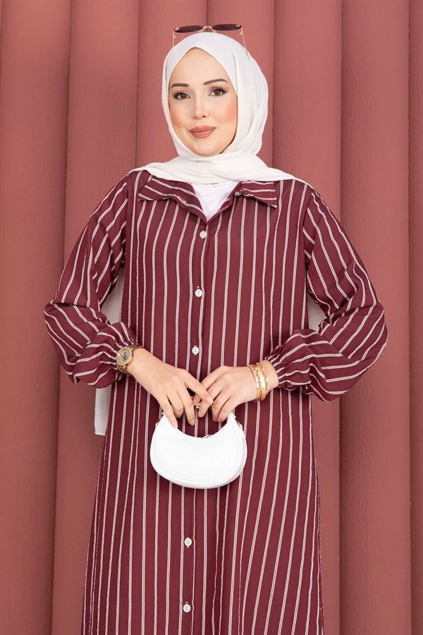 Striped Button-Down Shirt Tunic, Burgundy