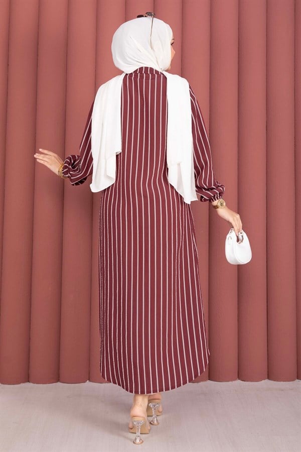 Striped Button-Down Shirt Tunic, Burgundy