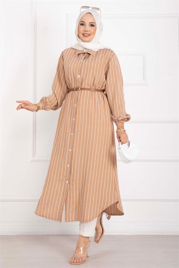 Striped Button-Down Shirt Tunic Camel