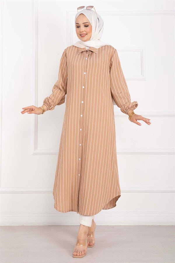 Striped Button-Down Shirt Tunic Camel
