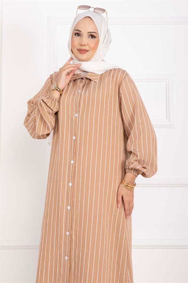 Striped Button-Down Shirt Tunic Camel