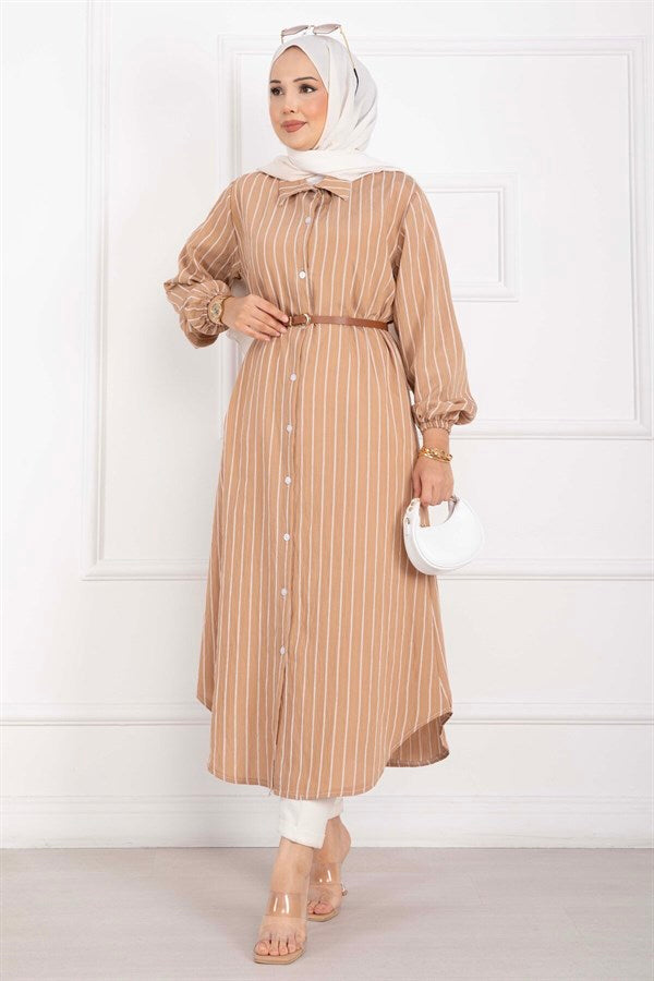 Striped Button-Down Shirt Tunic Camel