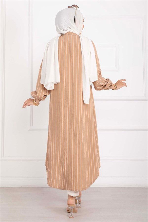Striped Button-Down Shirt Tunic Camel