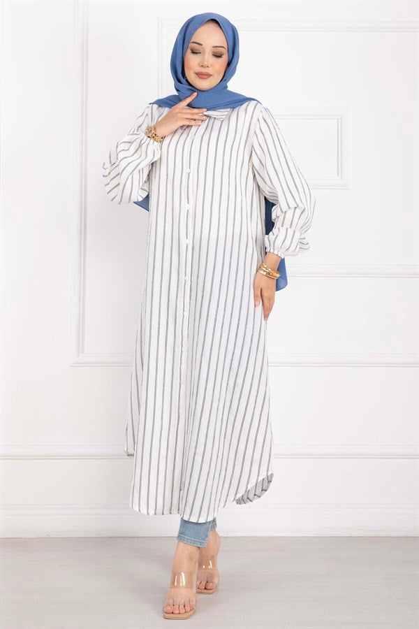 Striped Button-Down Shirt Tunic, Ecru
