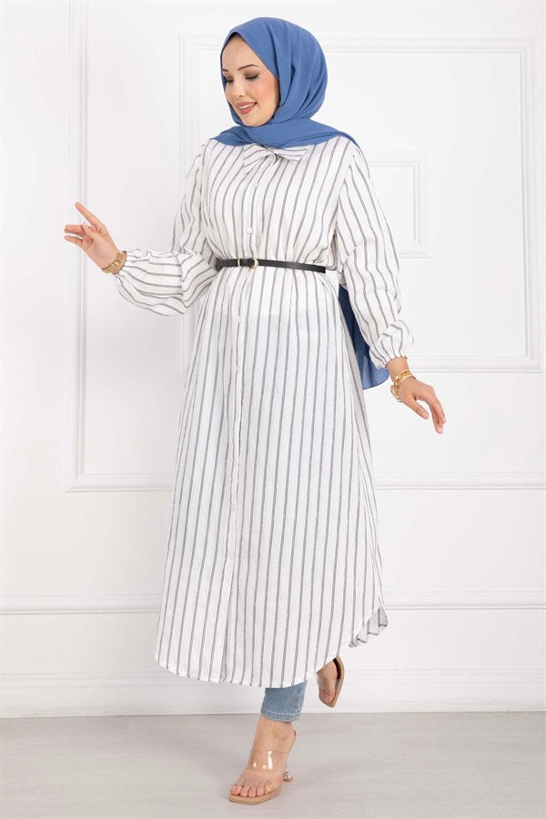 Striped Button-Down Shirt Tunic, Ecru