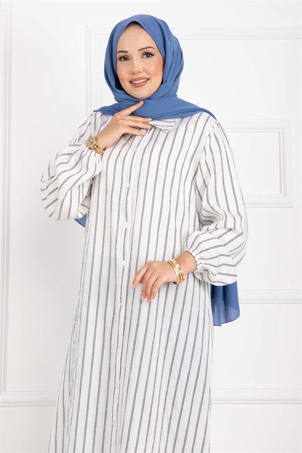 Striped Button-Down Shirt Tunic, Ecru