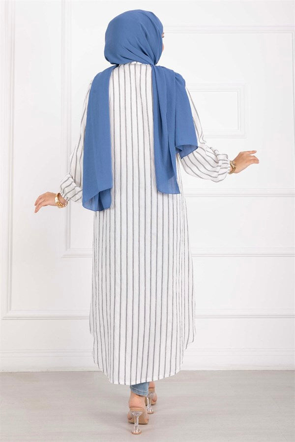 Striped Button-Down Shirt Tunic, Ecru