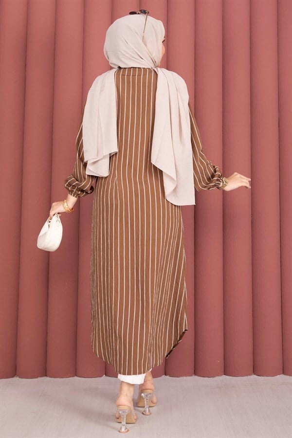 Striped Button-Down Shirt Tunic, Brown