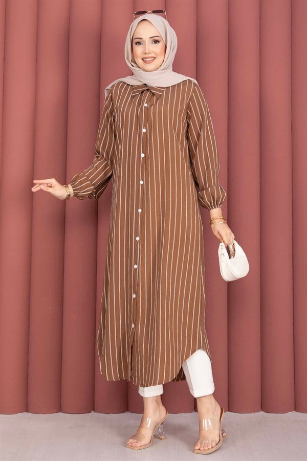 Striped Button-Down Shirt Tunic, Brown