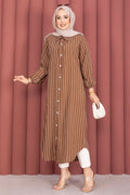 Striped Button-Down Shirt Tunic, Brown