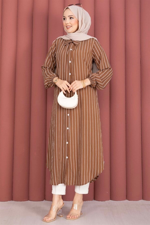 Striped Button-Down Shirt Tunic, Brown