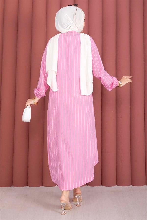 Striped Button-Down Shirt Tunic Pink
