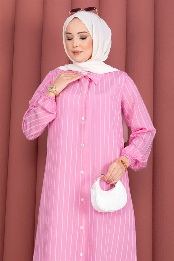 Striped Button-Down Shirt Tunic Pink