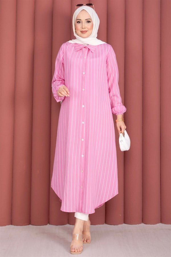Striped Button-Down Shirt Tunic Pink