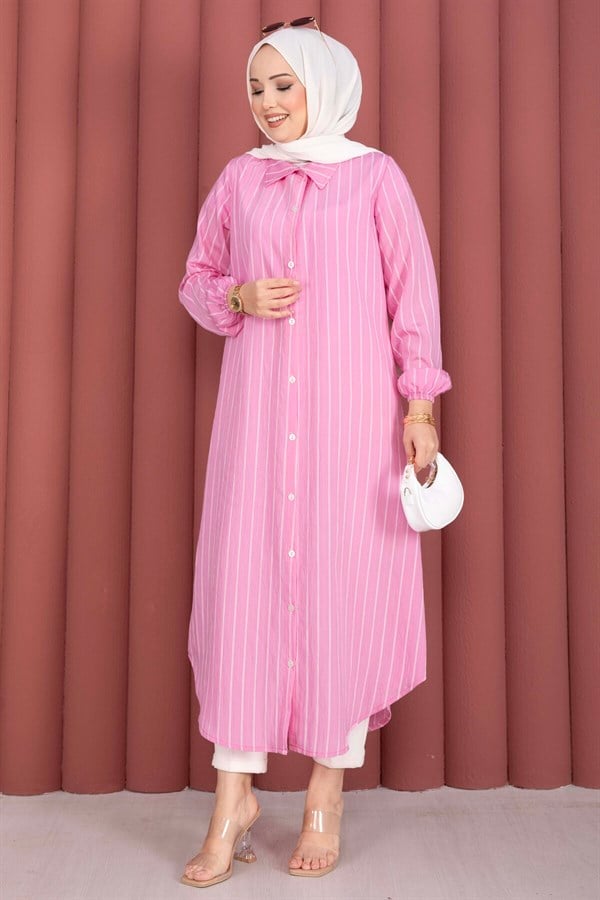 Striped Button-Down Shirt Tunic Pink