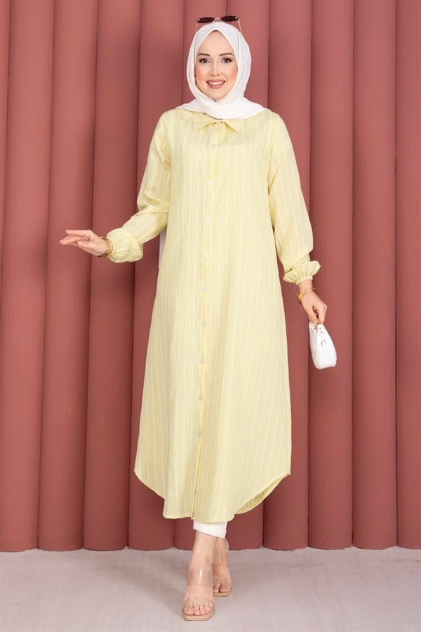 Striped Button-Down Shirt Tunic, Yellow