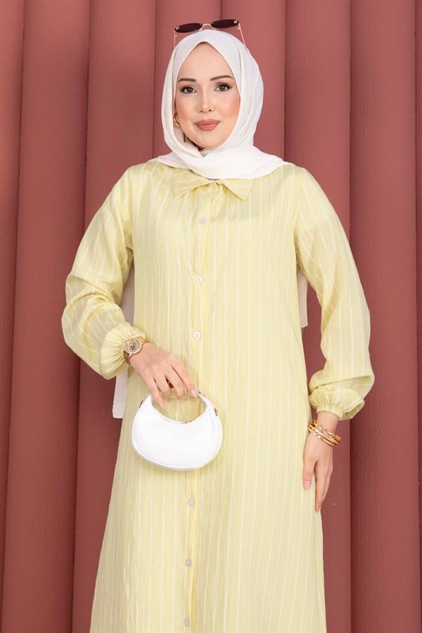 Striped Button-Down Shirt Tunic, Yellow