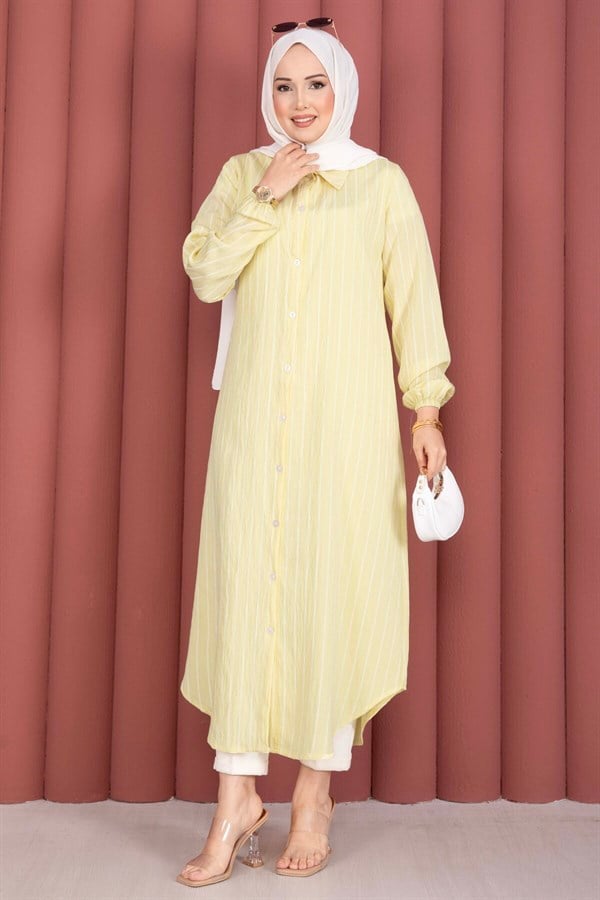 Striped Button-Down Shirt Tunic, Yellow