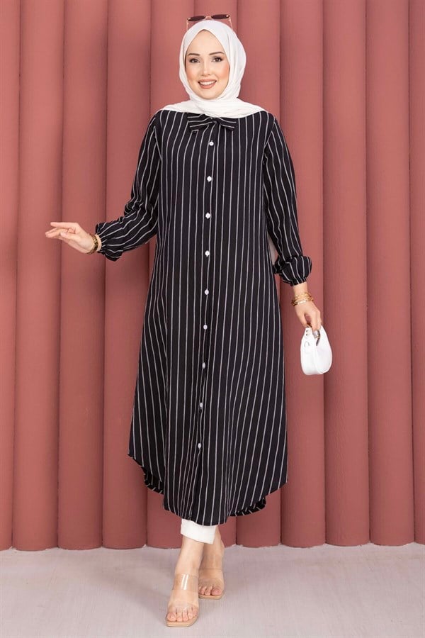 Striped Button-Down Shirt Tunic, Black