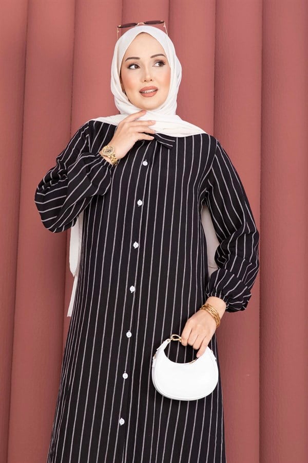 Striped Button-Down Shirt Tunic, Black
