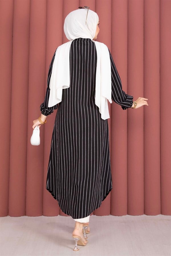 Striped Button-Down Shirt Tunic, Black