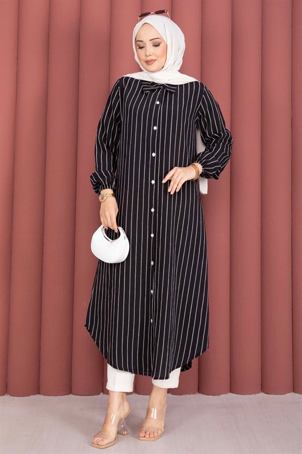 Striped Button-Down Shirt Tunic, Black