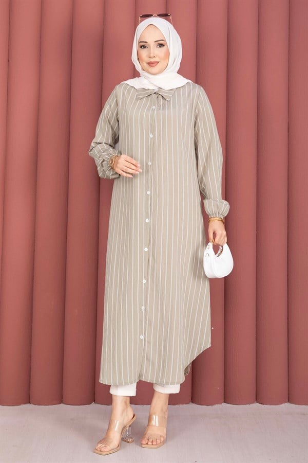 Striped Button-Down Shirt Tunic Green Olive