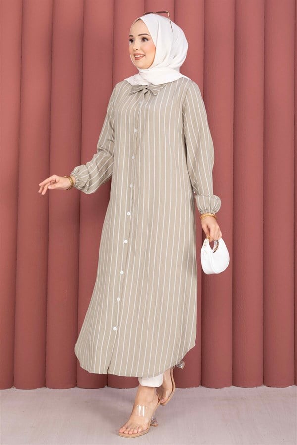 Striped Button-Down Shirt Tunic Green Olive