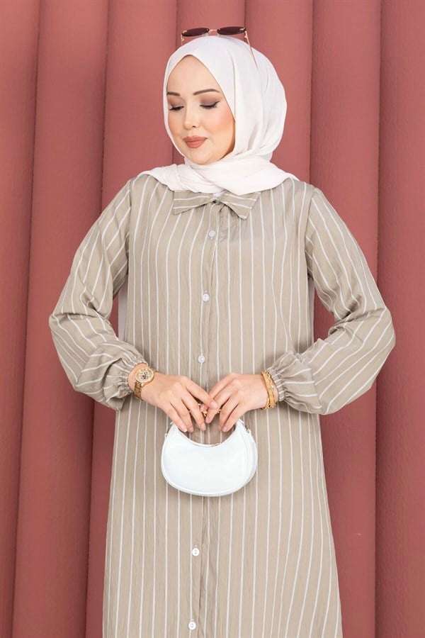 Striped Button-Down Shirt Tunic Green Olive