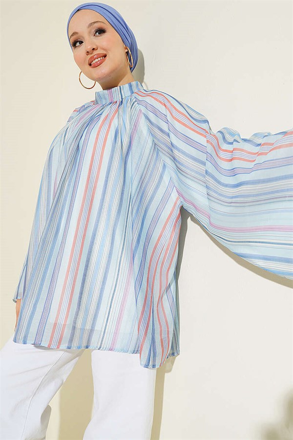 Striped High Neck Tunic Blue