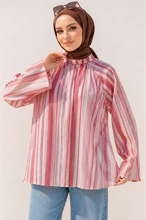 Striped High-Neck Tunic Pink