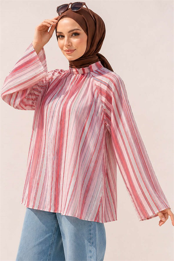 Striped High-Neck Tunic Pink