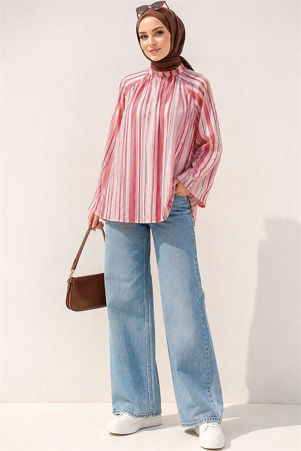 Striped High-Neck Tunic Pink